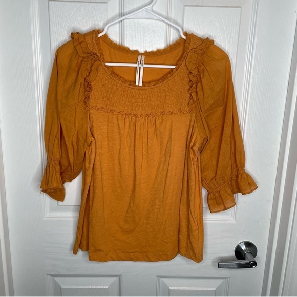 Anthropologie Smocked Short Puff Sleeve Shirt in Mustard Yellow M - Picture 2 of 11